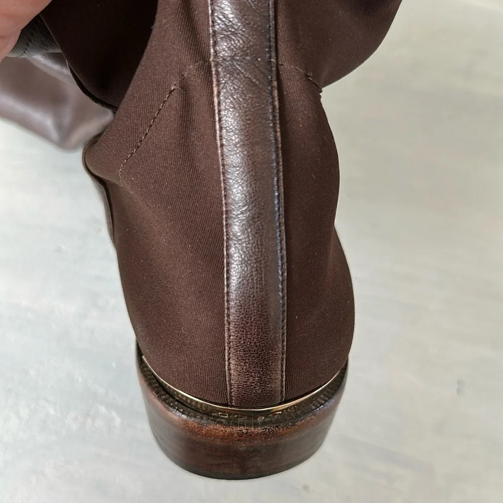 Coach Lilac Tall Boots Brown Leather Fabric Stretch Panel Size 10 Buckle Classy - Picture 16 of 16